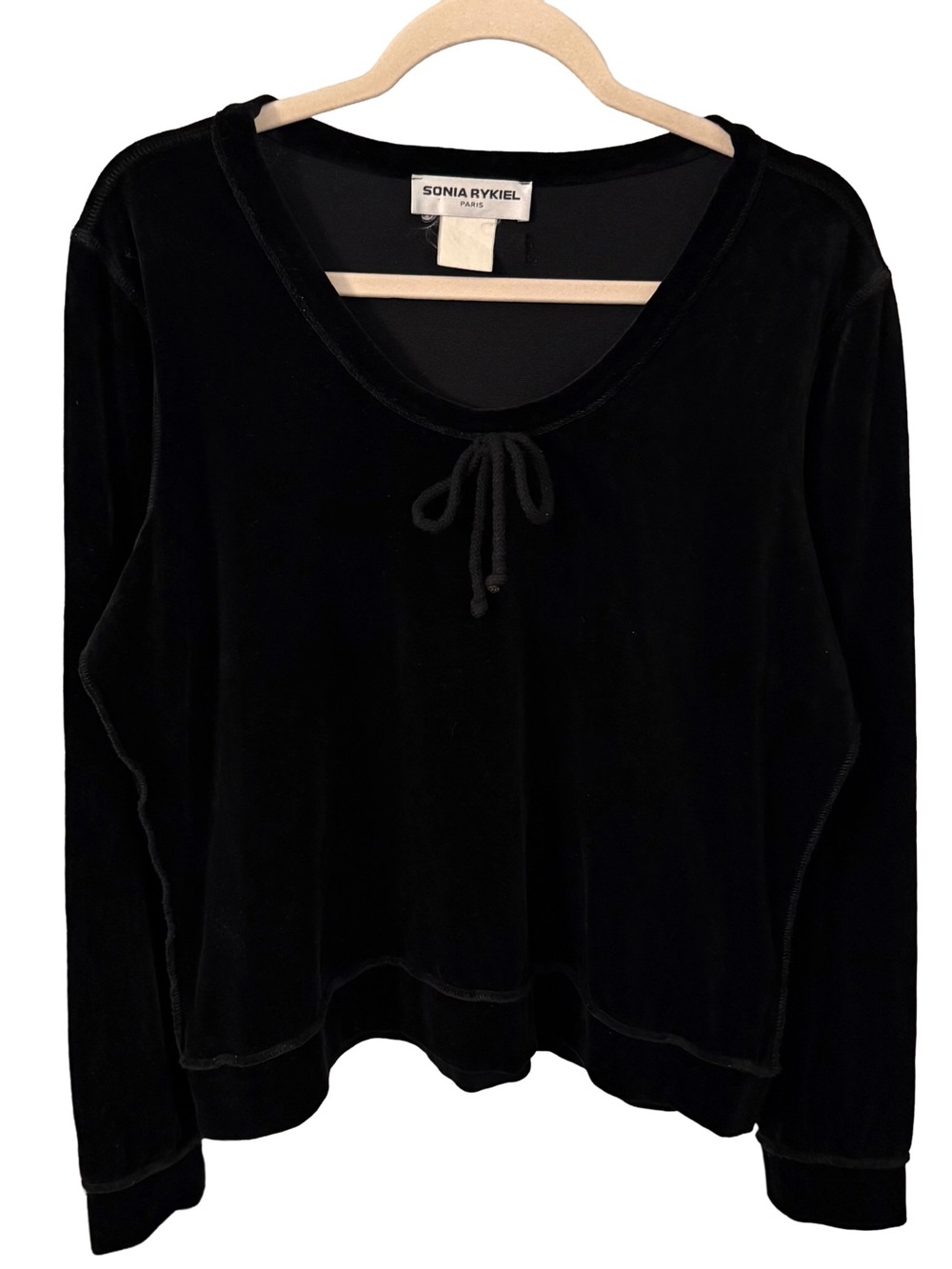 Sonia Rykiel VTG Black Velvet Scoop Neck Top With Bow Crystal Logo On Back Sz XL